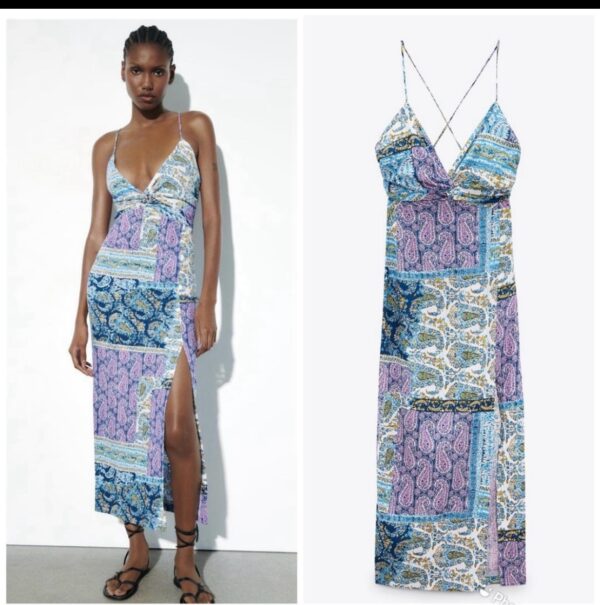 Zara cami printed vintage blueish midi dress with criss cross L
