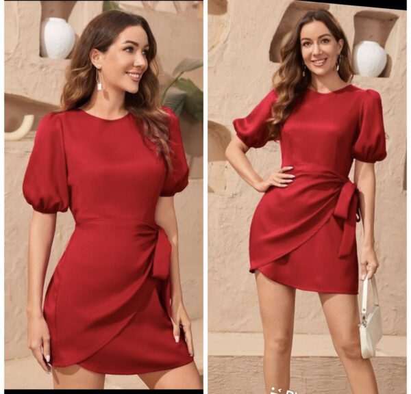 shein plus red puff sleeve front wrap dress 16