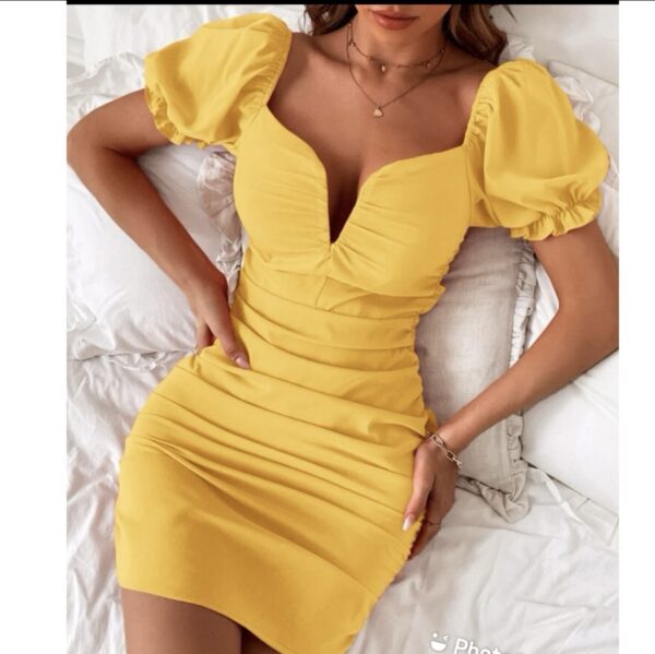 Shein mustard yellow puff sleeve chiffon dress