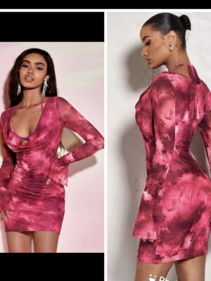 Shein draped multi color pinkish ruched chiffon long sleeve dress