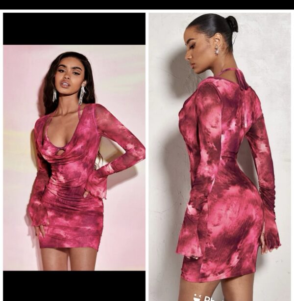 Shein draped multi color pinkish ruched chiffon long sleeve dress