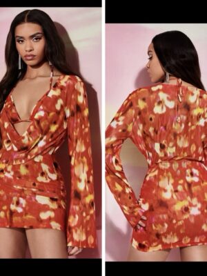 Shein all over print drape orange trumpet sleeve bra dress 10