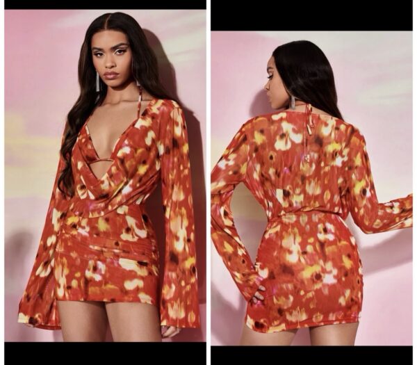 Shein all over print drape orange trumpet sleeve bra dress 10