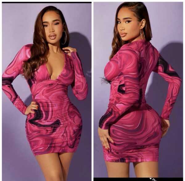 Shein marble print deep plunge long sleeve dress in multi color pink