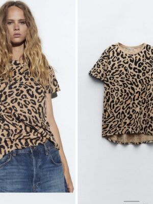 Zara high low Animal print Tshirt in brown/black