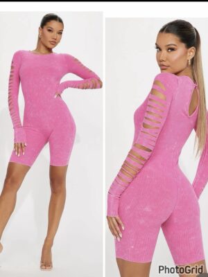 Fashionnova ribbed cotton playsuit in pink with open sleeves