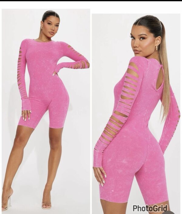 Fashionnova ribbed cotton playsuit in pink with open sleeves