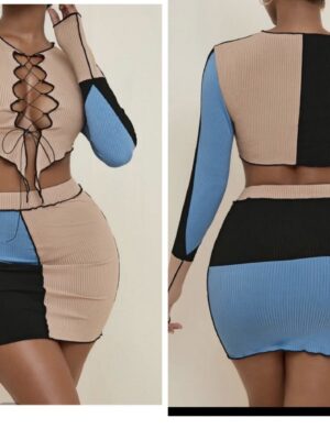 shein two piece mini skirt multi colour ribbed set in blue/ black cream