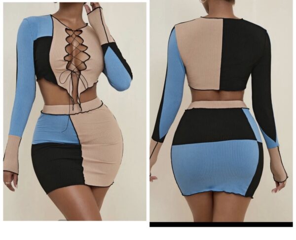 shein two piece mini skirt multi colour ribbed set in blue/ black cream