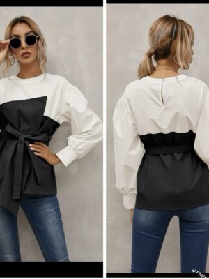 Shein plus black/white belted shirt long sleeve top 16