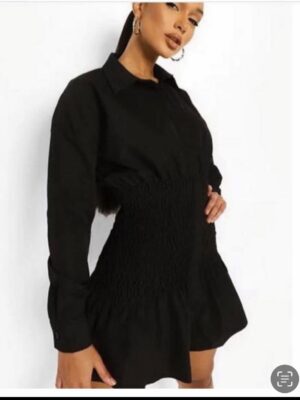 Boohoo black gathered ruched shirt dress