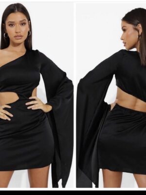 Boohoo one shoulder open front & back dress in black