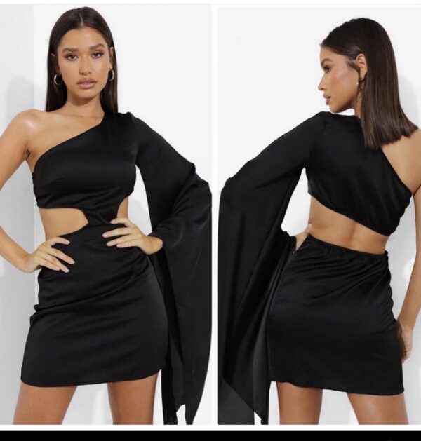 Boohoo one shoulder open front & back dress in black