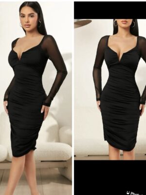 SHEIN  mesh sleeve sweetheart neck open front midi bodycon dress