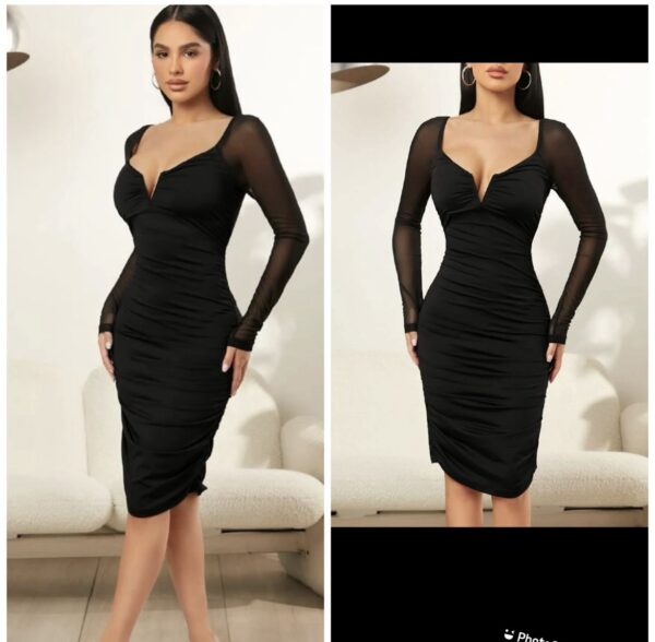 SHEIN  mesh sleeve sweetheart neck open front midi bodycon dress