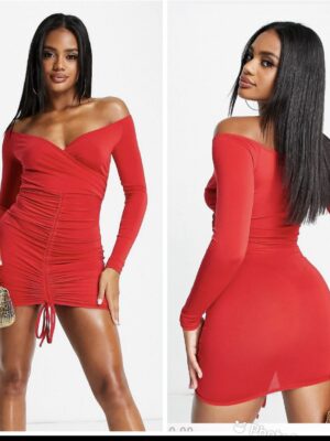 Asos sharp red mini flounce ruched drawstring dress