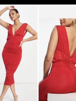 Asos red deep plunge ruched dress
