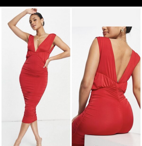 Asos red deep plunge ruched dress