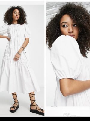 Asos poplin cotton tiered midi dress in white 14