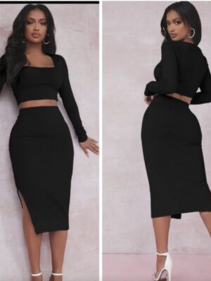 Shein ribbed two piece skirt set with slit in black