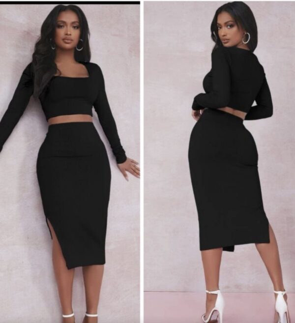 Shein ribbed two piece skirt set with slit in black