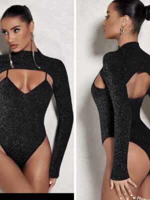 Shein glitter mock neck  front & back bodysuit in black 10
