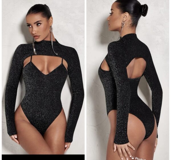 Shein glitter mock neck  front & back bodysuit in black 10
