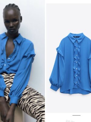 Zara solid oversized frill blouse in blue