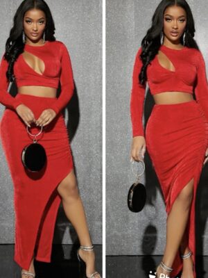 SHEIN sharp red two piece skirt set with high slit