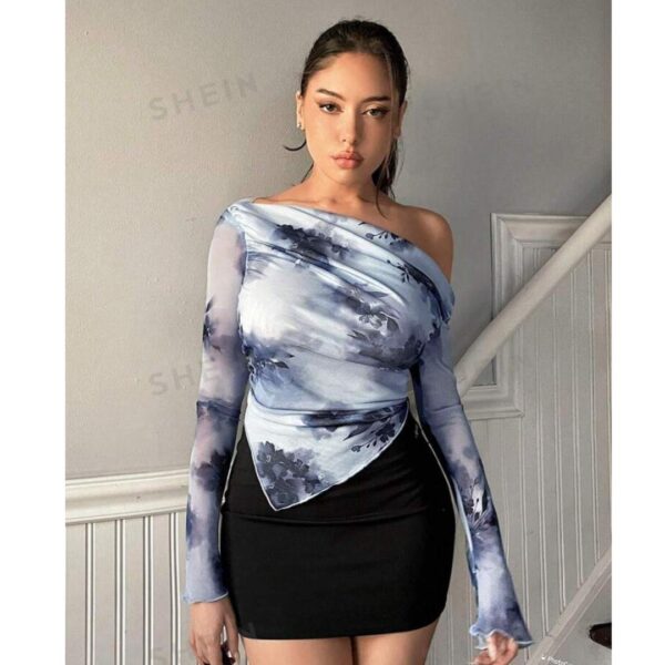 Shein assymetric cold shoulder white/blue floral mesh top