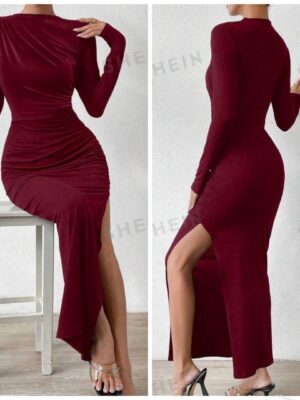 Shein plus burgundy ruched high slit dress  16