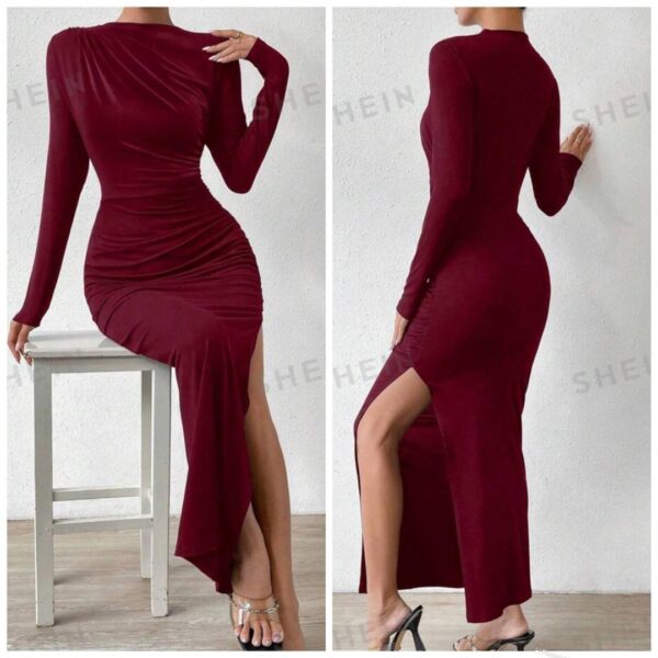 Shein plus burgundy ruched high slit dress  16