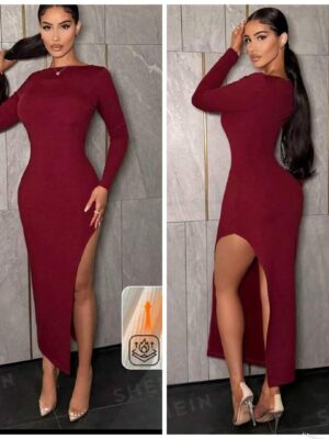 Shein Burgundy solid slit thigh dress 12/14