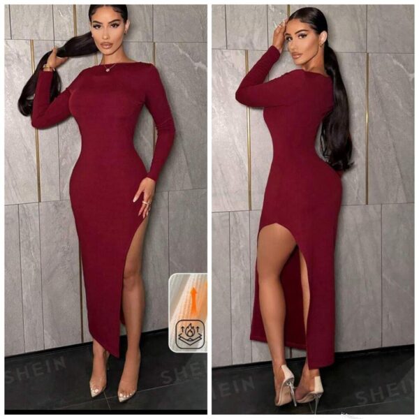Shein Burgundy solid slit thigh dress 12/14