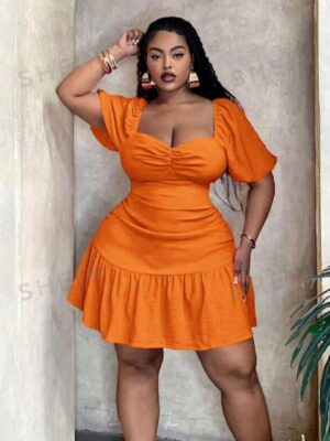 Shein  cute plus gathered orange ruffle dress 16