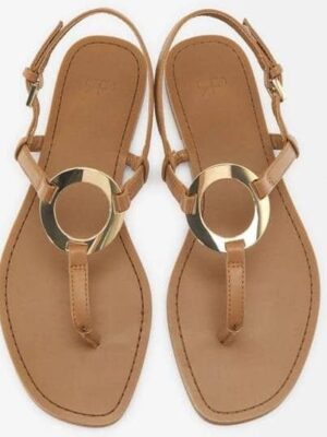 Parfois solid flat sandals with metallic gold detail in brown