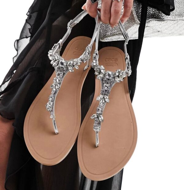 Asos solid embellished flat sandals in silver