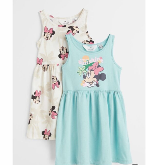 H&M pink jersey girl Mickey mouse blue 'made of sunshine ' dress kids