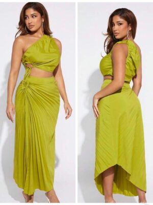 Shein one shoulder crop top & twist front skirt in lemon green 12/14