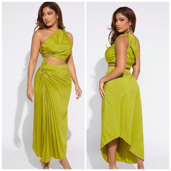 Shein one shoulder crop top & twist front skirt in lemon green 12/14