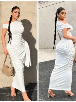 Shein off shoulder drape side ruched bodycon side dress in white 12/14