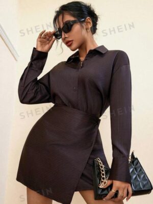 Shein wrap front button solid shirt dress in dark brown stripe 12/14