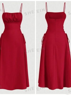 Shein solid ruched cami dress in red with tie side  16