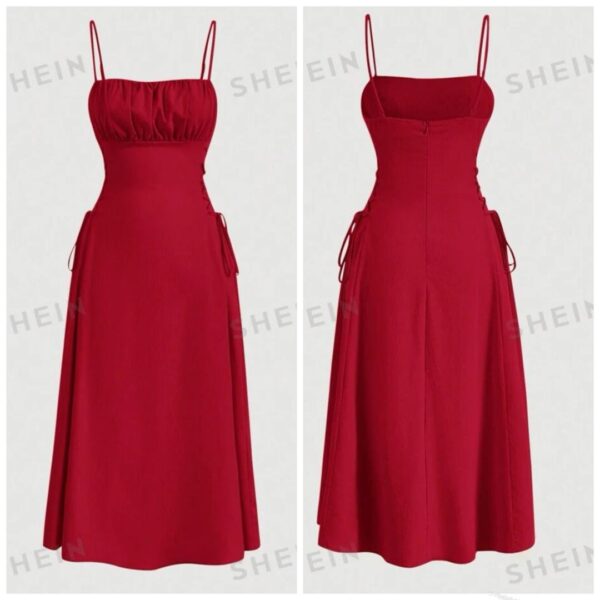 Shein solid ruched cami dress in red with tie side  16