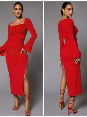 SHEIN bell sleeve dress with high slit in red 12/14