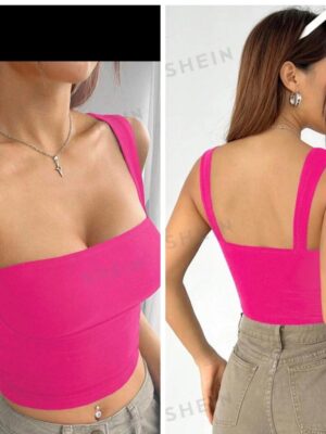 Shein solid wide strap crop top in pink 12/14