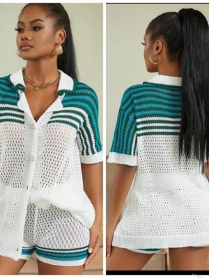 Shein stripe cardigan & knit short in green white 12/14