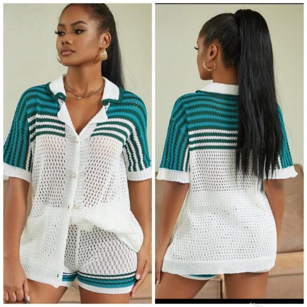 Shein stripe cardigan & knit short in green white 12/14