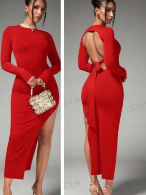 Shein sexy backless long sleeve high slit dress in red 10