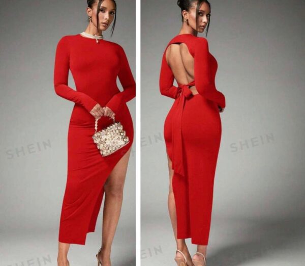 Shein sexy backless long sleeve high slit dress in red 10